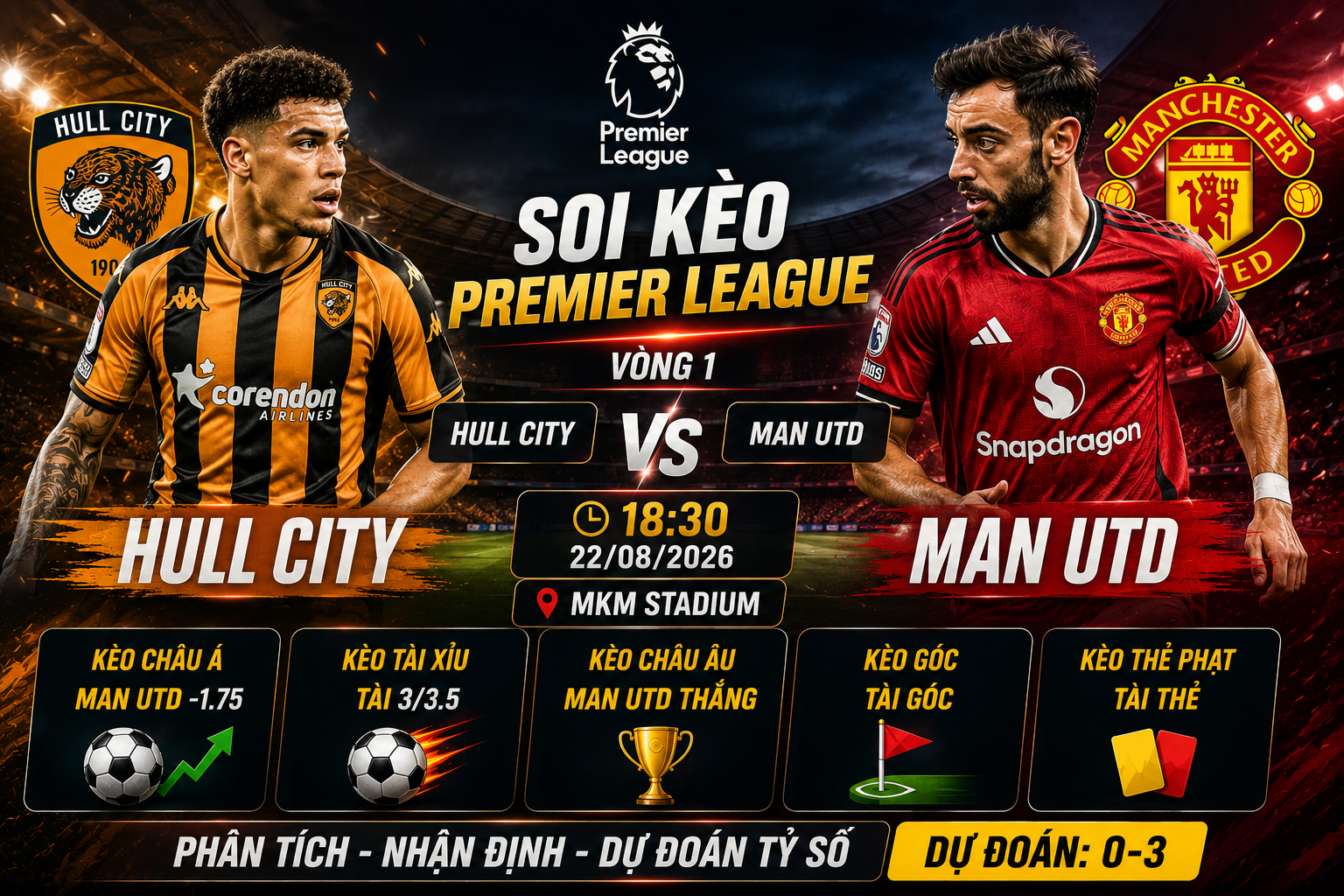 Soi kèo Hull vs Man Utd 18h30 ngày 22/8 - vòng 1 Premier League 2026/27