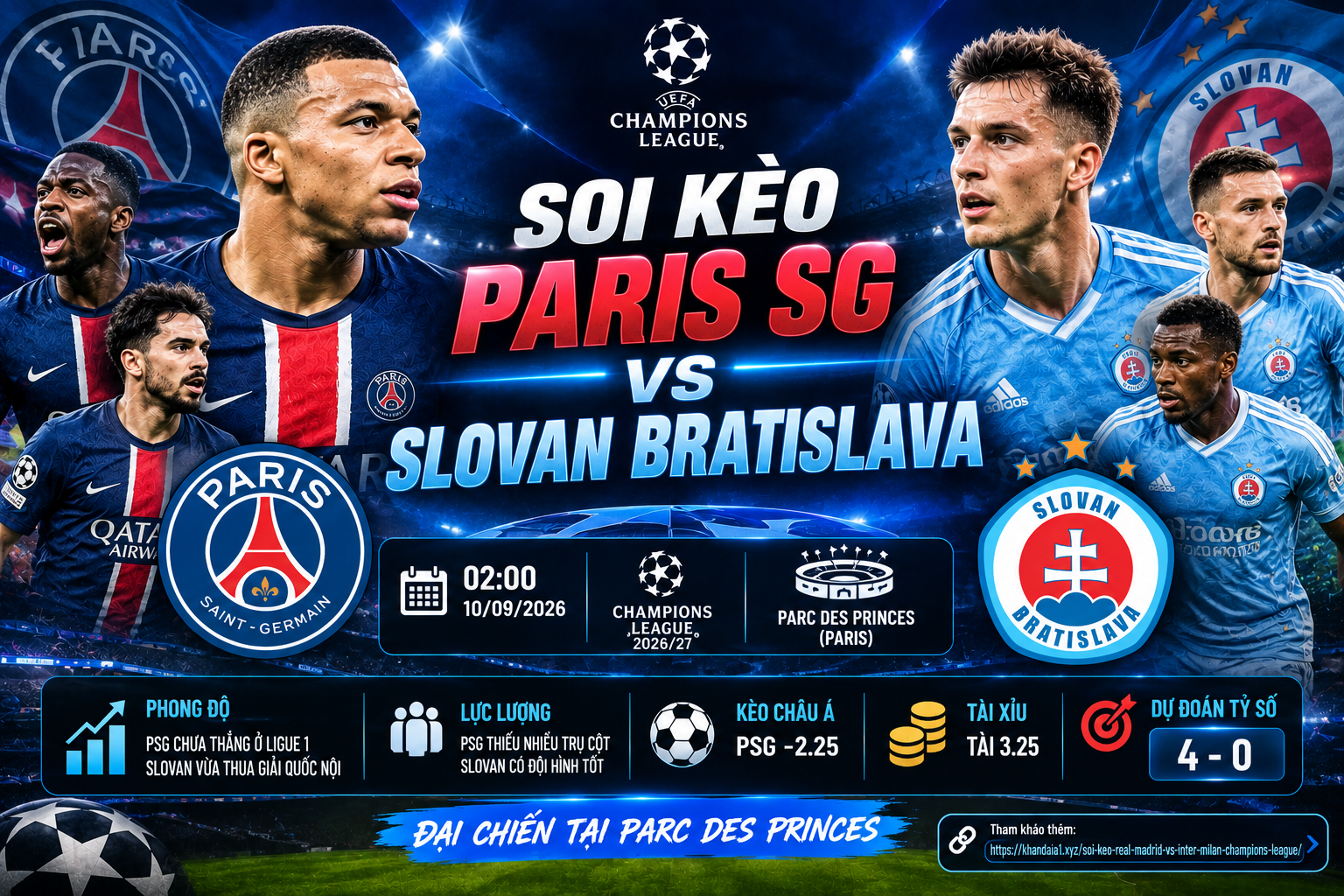 Soi kèo Paris SG vs Slovan, 2h ngày 10/9 Champions League 2026/27