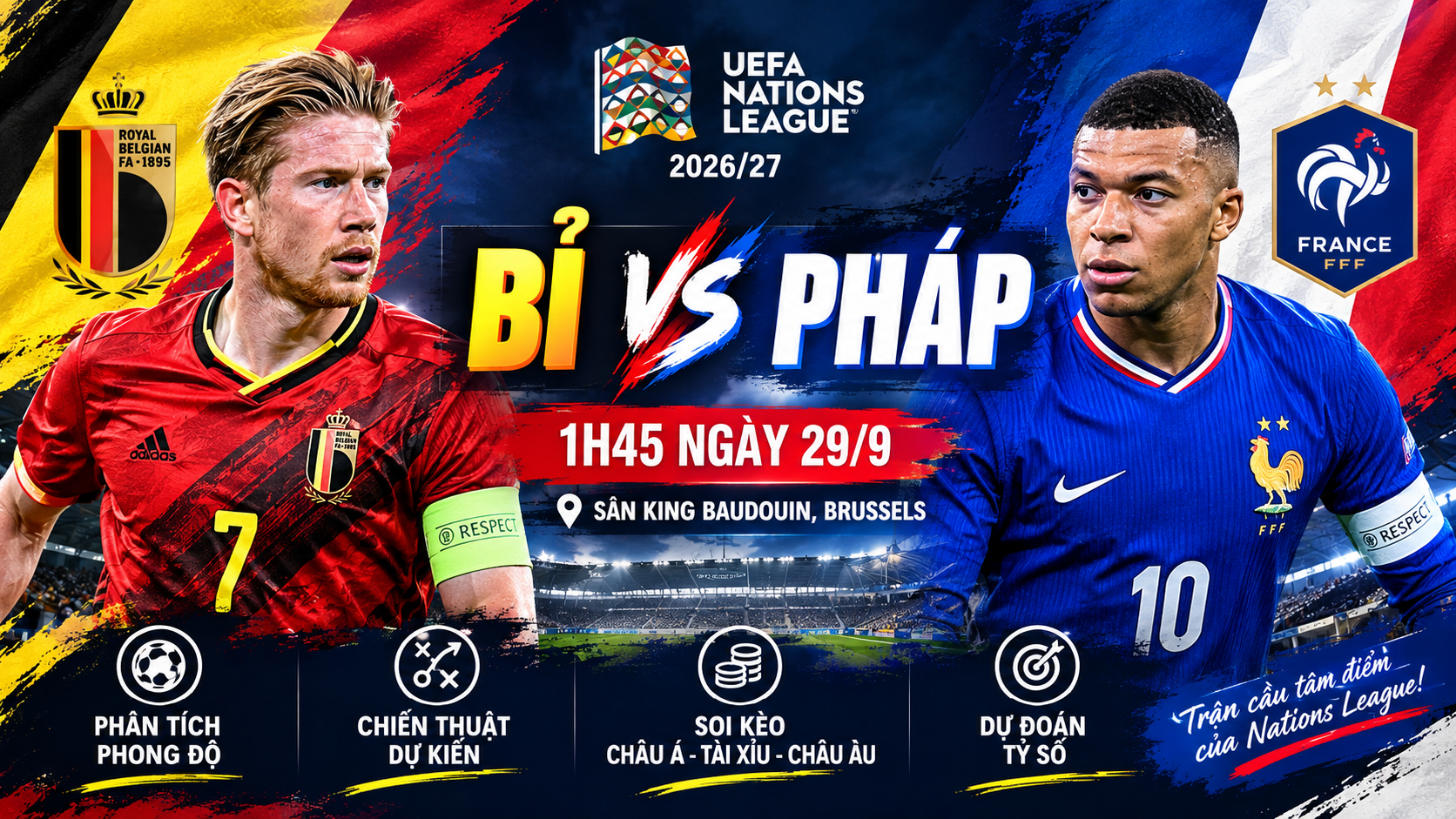 Soi kèo Bỉ vs Pháp, 1h45 ngày 29/9 - UEFA Nations League 2026/27
